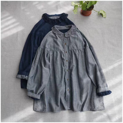 Handgemachte O-Ausschnitt Stickerei Kranich Tops Weihnachtsgeschenke blaue Bluse