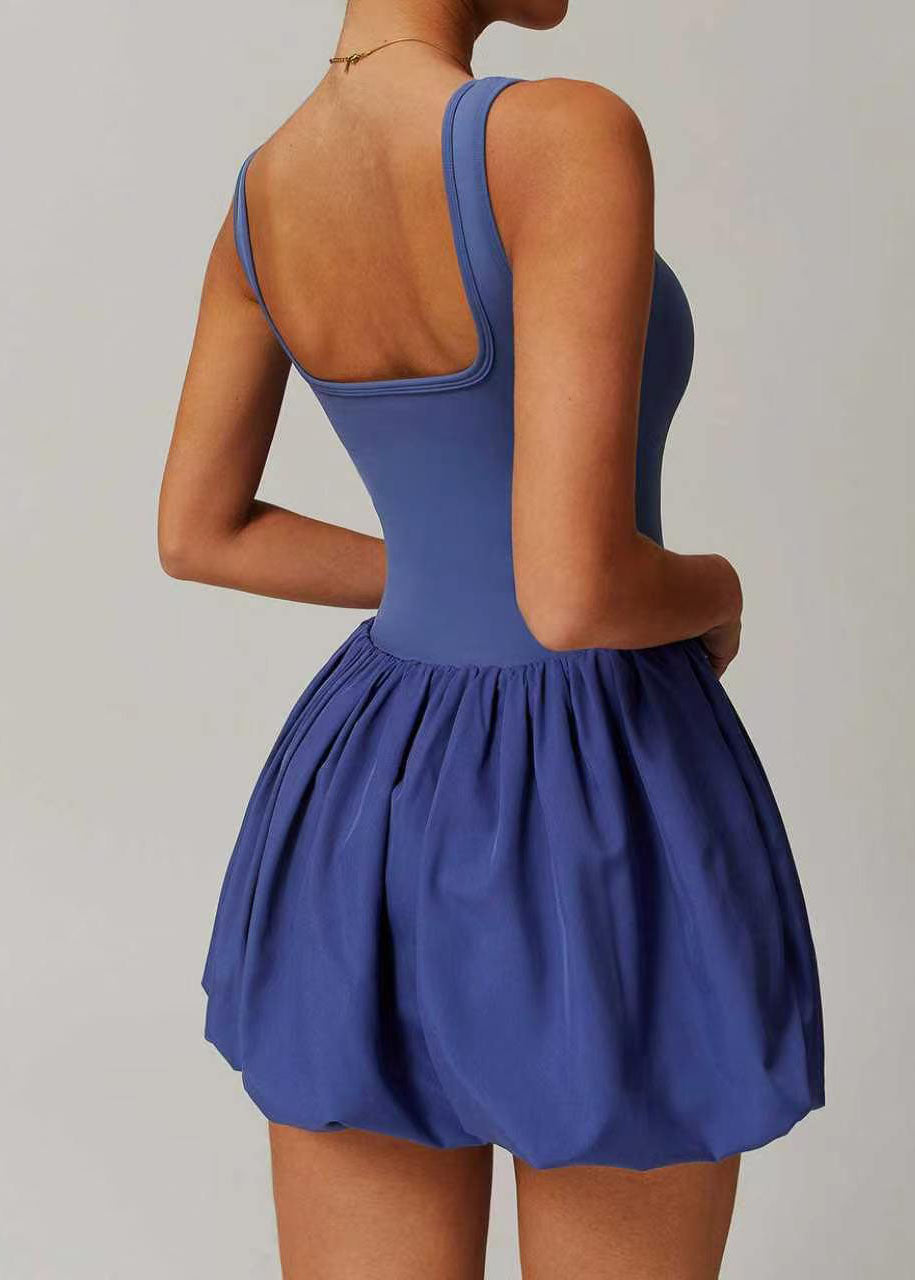 Haze Blue Vacation Dress U Neck Built-In Shorts Pockets Summer