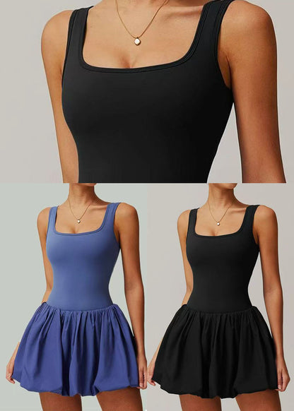 Haze Blue Vacation Dress U Neck Built-In Shorts Pockets Summer