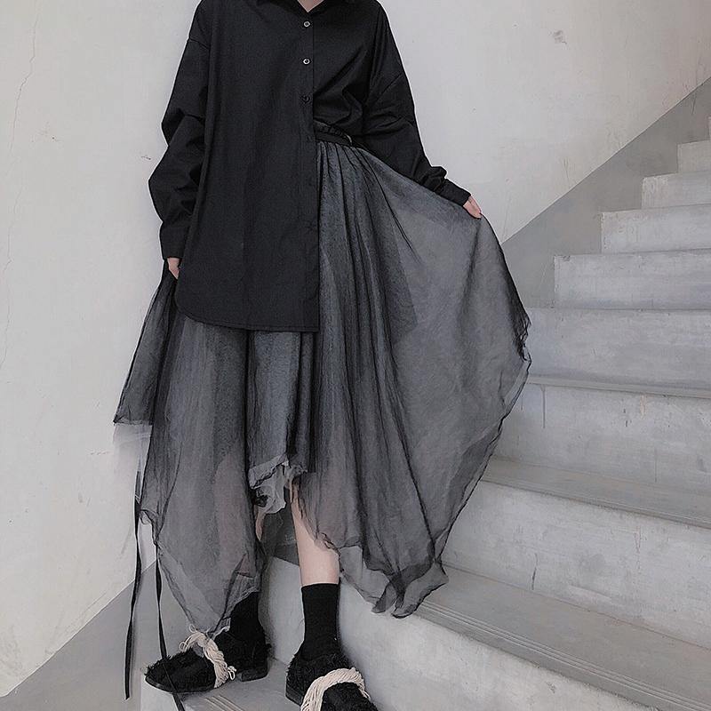 Heavy Industry Color Matching Mesh Irregular Hem Semi Black Skirt - SooLinen