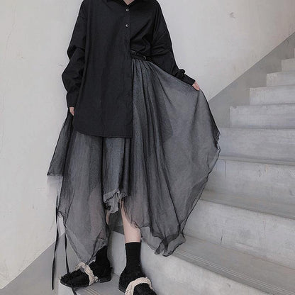 Heavy Industry Color Matching Mesh Irregular Hem Semi Black Skirt - SooLinen