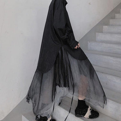 Heavy Industry Color Matching Mesh Irregular Hem Semi Black Skirt - SooLinen
