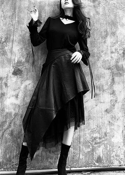 High Waist Spring Pu Stitching Lace A-line Skirt - SooLinen