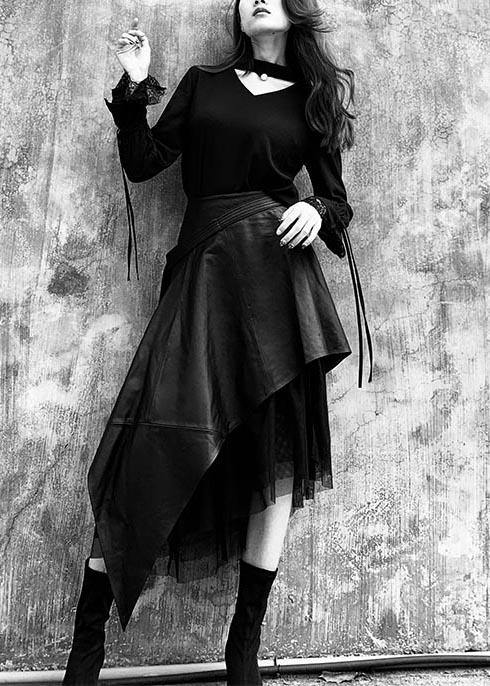 High Waist Spring Pu Stitching Lace A-line Skirt - SooLinen