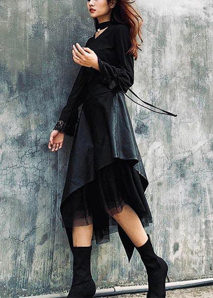 High Waist Spring Pu Stitching Lace A-line Skirt - SooLinen