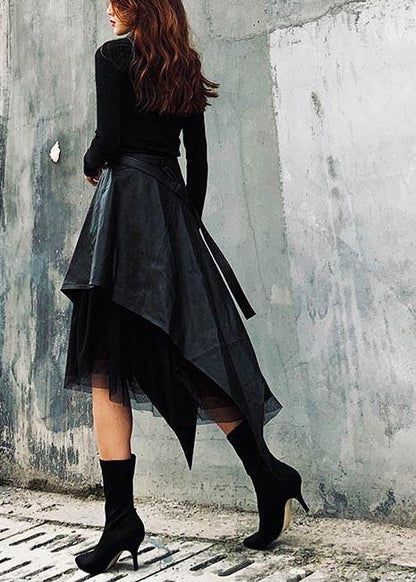 High Waist Spring Pu Stitching Lace A-line Skirt - SooLinen