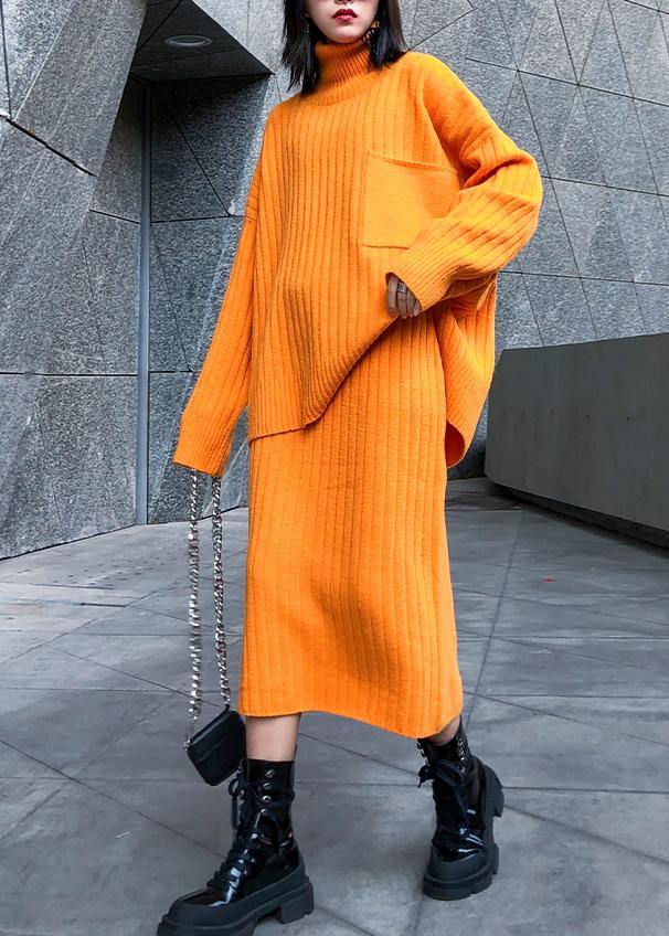 High neck sweater suit skirt two-piece long over-the-knee temperament autumn and winter knitted skirt - SooLinen