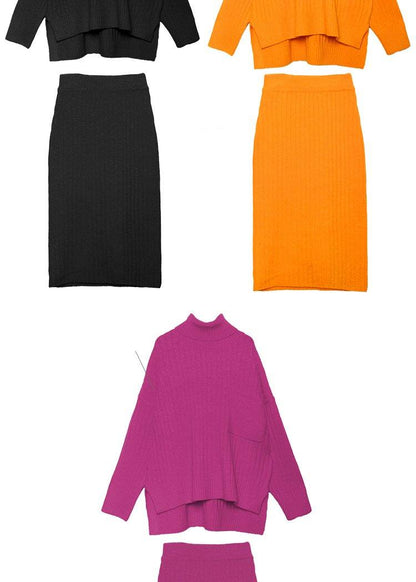 High neck sweater suit skirt two-piece long over-the-knee temperament autumn and winter knitted skirt - SooLinen