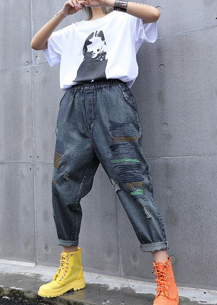 High waist summer nine points embroidery vintage broken hole carrot pants - SooLinen