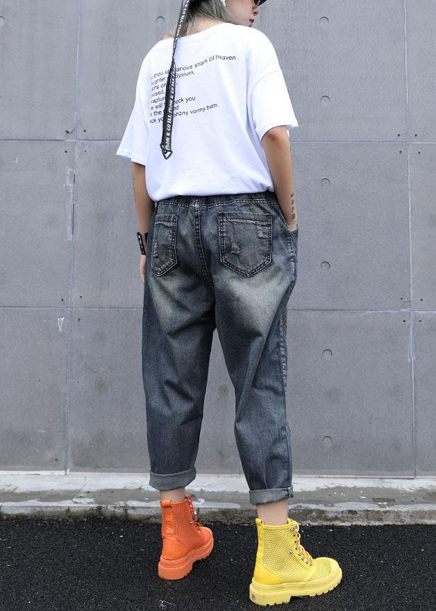 High waist summer nine points embroidery vintage broken hole carrot pants - SooLinen