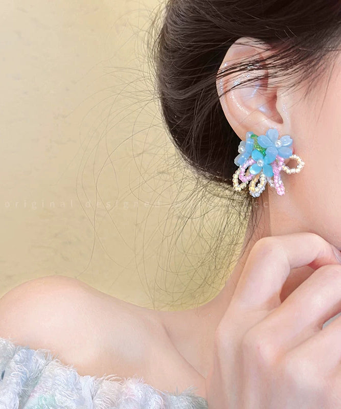 Holiday Blue Alloy Floral Crystal Beading Stud Earrings