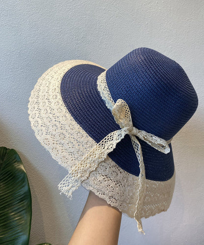 Holiday Style Beige Lace Bow Straw Woven Bucket Hat