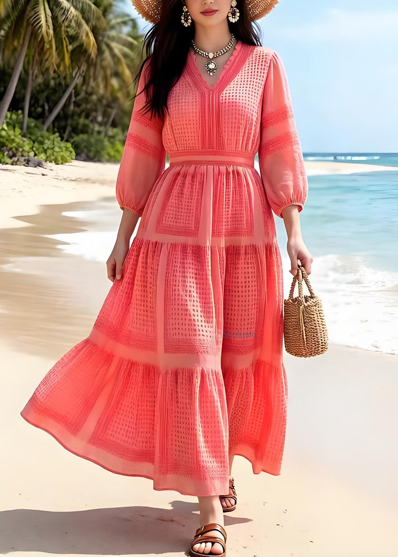 Holiday Style Orange V Neck Ruffled Print Chiffon Dress Summer