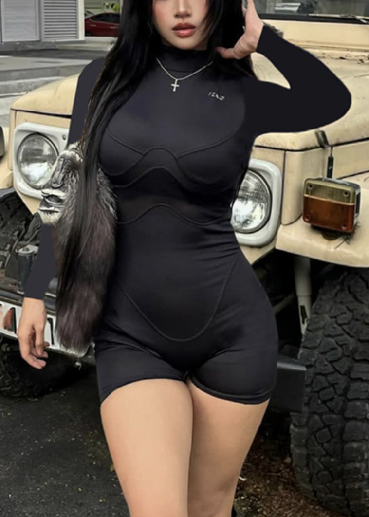 Heißer schwarzer Body mit Stehkragen und Mesh-Einsätzen