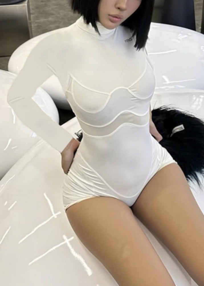 Heißer schwarzer Body mit Stehkragen und Mesh-Einsätzen