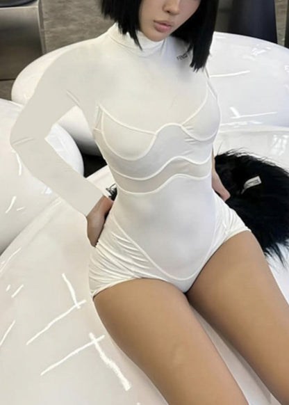 Heißer schwarzer Body mit Stehkragen und Mesh-Einsätzen