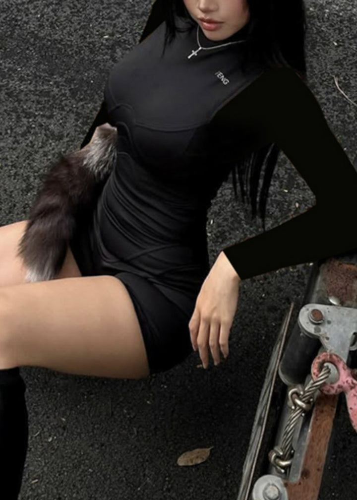 Heißer schwarzer Body mit Stehkragen und Mesh-Einsätzen