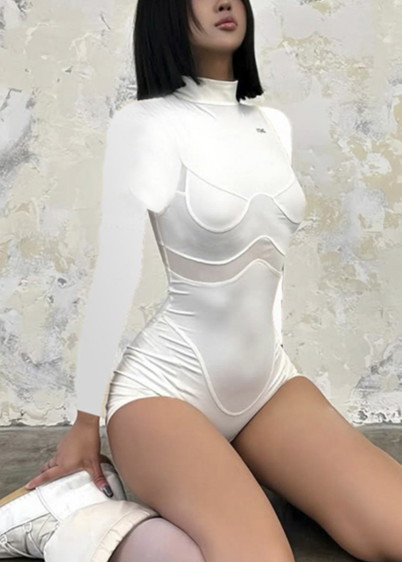 Heißer schwarzer Body mit Stehkragen und Mesh-Einsätzen