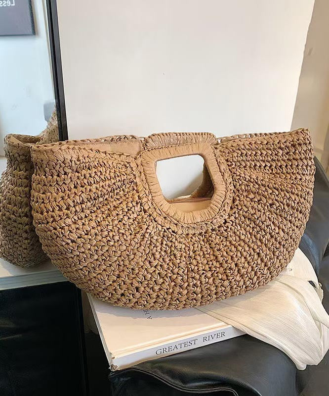 Hot Selling Vacation Style Khaki Straw Woven Tote Handbag