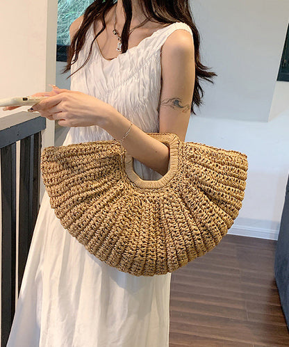 Hot Selling Vacation Style Khaki Straw Woven Tote Handbag