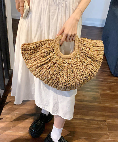 Hot Selling Vacation Style Khaki Straw Woven Tote Handbag