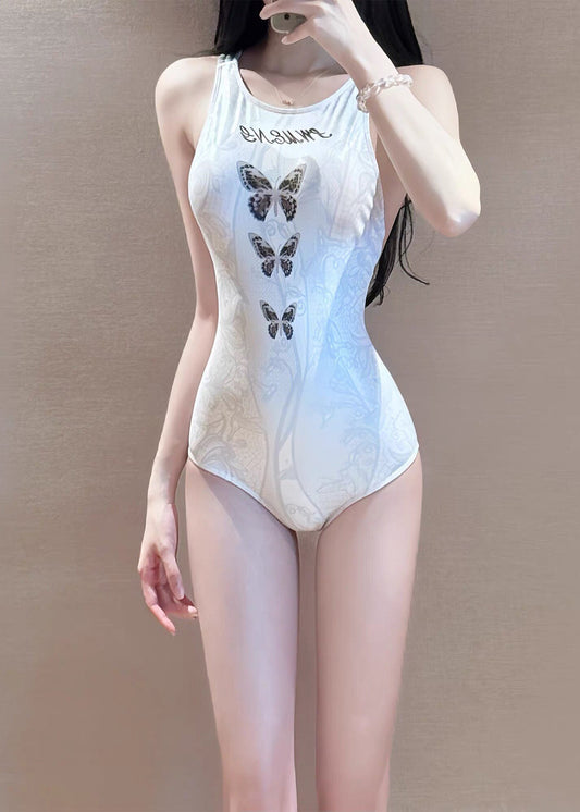Hot White Butterfly Backless Swimwear Bodysuit