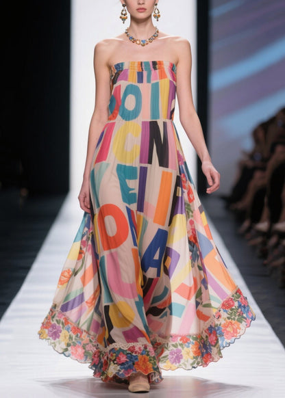 Italian Apricot Cold Shoulder Print Chiffon Strapless Dress Summer