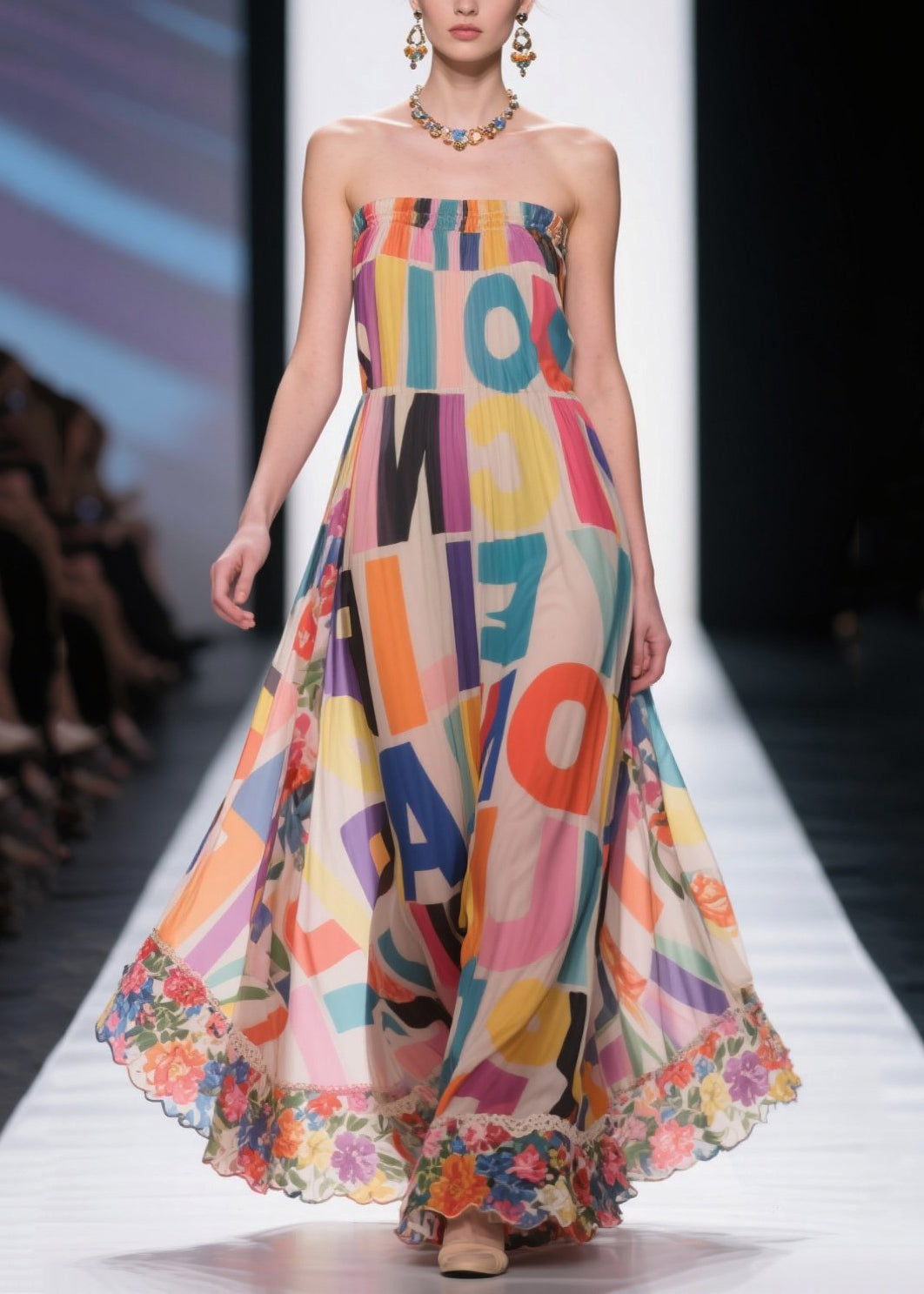 Italian Apricot Cold Shoulder Print Chiffon Strapless Dress Summer