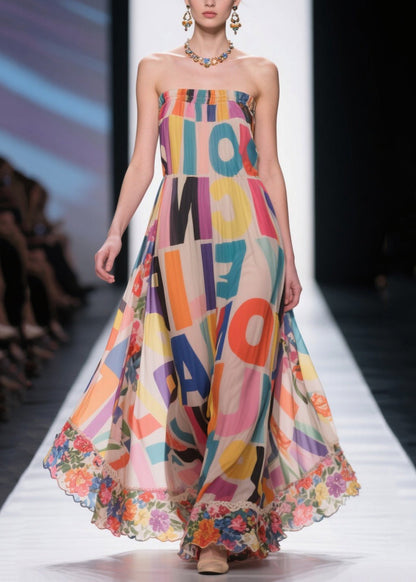 Italian Apricot Cold Shoulder Print Chiffon Strapless Dress Summer