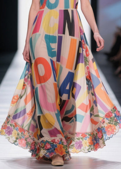 Italian Apricot Cold Shoulder Print Chiffon Strapless Dress Summer