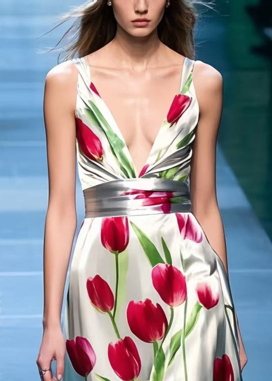 Italian Apricot Flower Print Draping Cami Dresses Summer