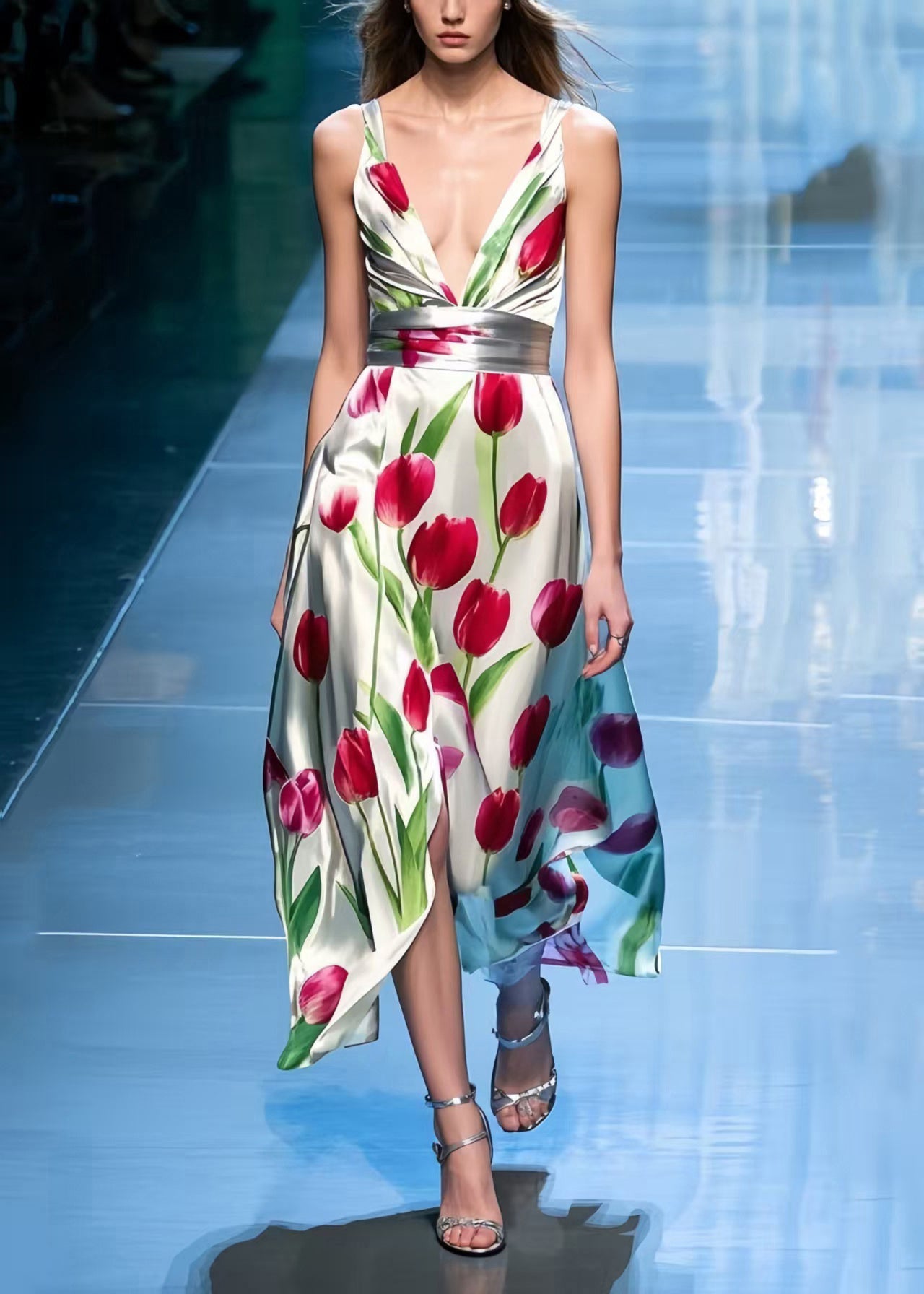 Italian Apricot Flower Print Draping Cami Dresses Summer