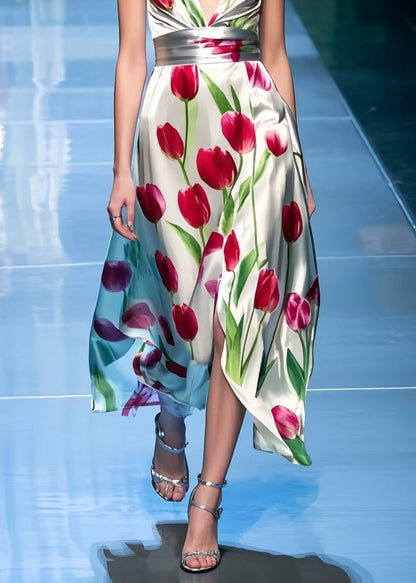 Italian Apricot Flower Print Draping Cami Dresses Summer