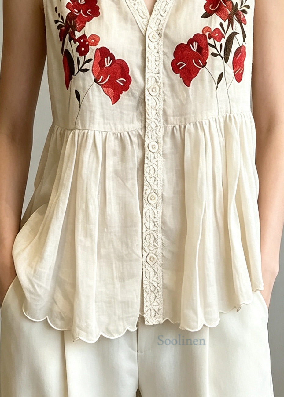 Italian Apricot V Neck Print Cotton Vests Sleeveless