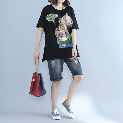 Italienisches Tunika-Oberteil aus Baumwolle mit Fledermausärmeln und Rundhalsausschnitt, 2019, Midi-Oberteile mit schwarzem Aufdruck