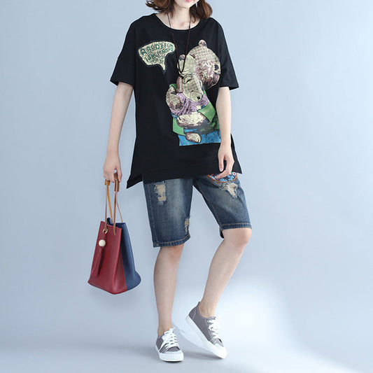 Italienisches Tunika-Oberteil aus Baumwolle mit Fledermausärmeln und Rundhalsausschnitt, 2019, Midi-Oberteile mit schwarzem Aufdruck