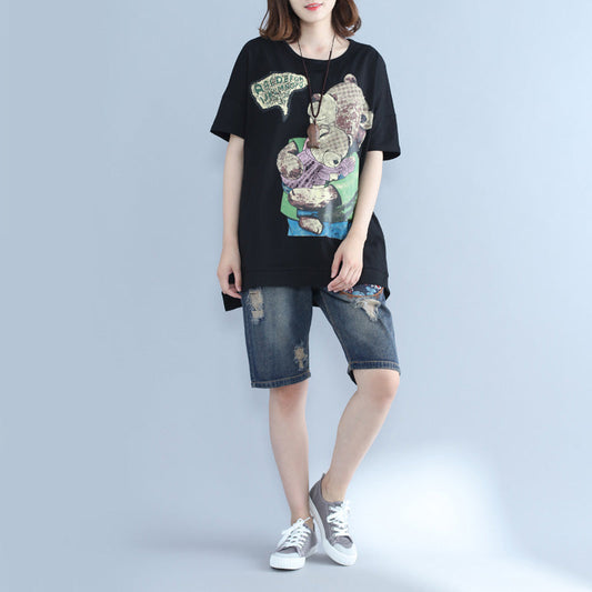 Italienisches Tunika-Oberteil aus Baumwolle mit Fledermausärmeln und Rundhalsausschnitt, 2019, Midi-Oberteile mit schwarzem Aufdruck