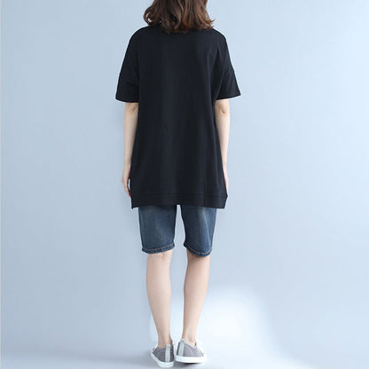 Italienisches Tunika-Oberteil aus Baumwolle mit Fledermausärmeln und Rundhalsausschnitt, 2019, Midi-Oberteile mit schwarzem Aufdruck