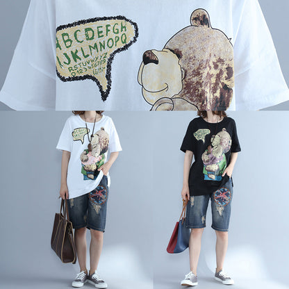 Italienisches Tunika-Oberteil aus Baumwolle mit Fledermausärmeln und Rundhalsausschnitt, 2019, Midi-Oberteile mit schwarzem Aufdruck