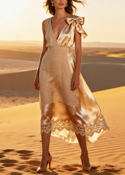 Italian Beige Asymmetrical Patchwork Linen Silk Long Dresses Summer