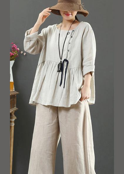 Italian Beige Blouses For Women O Neck Cinched Tunic Spring Blouse - SooLinen