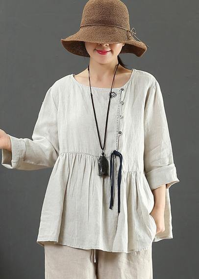 Italian Beige Blouses For Women O Neck Cinched Tunic Spring Blouse - SooLinen
