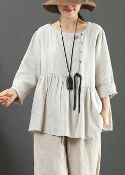 Italian Beige Blouses For Women O Neck Cinched Tunic Spring Blouse - SooLinen
