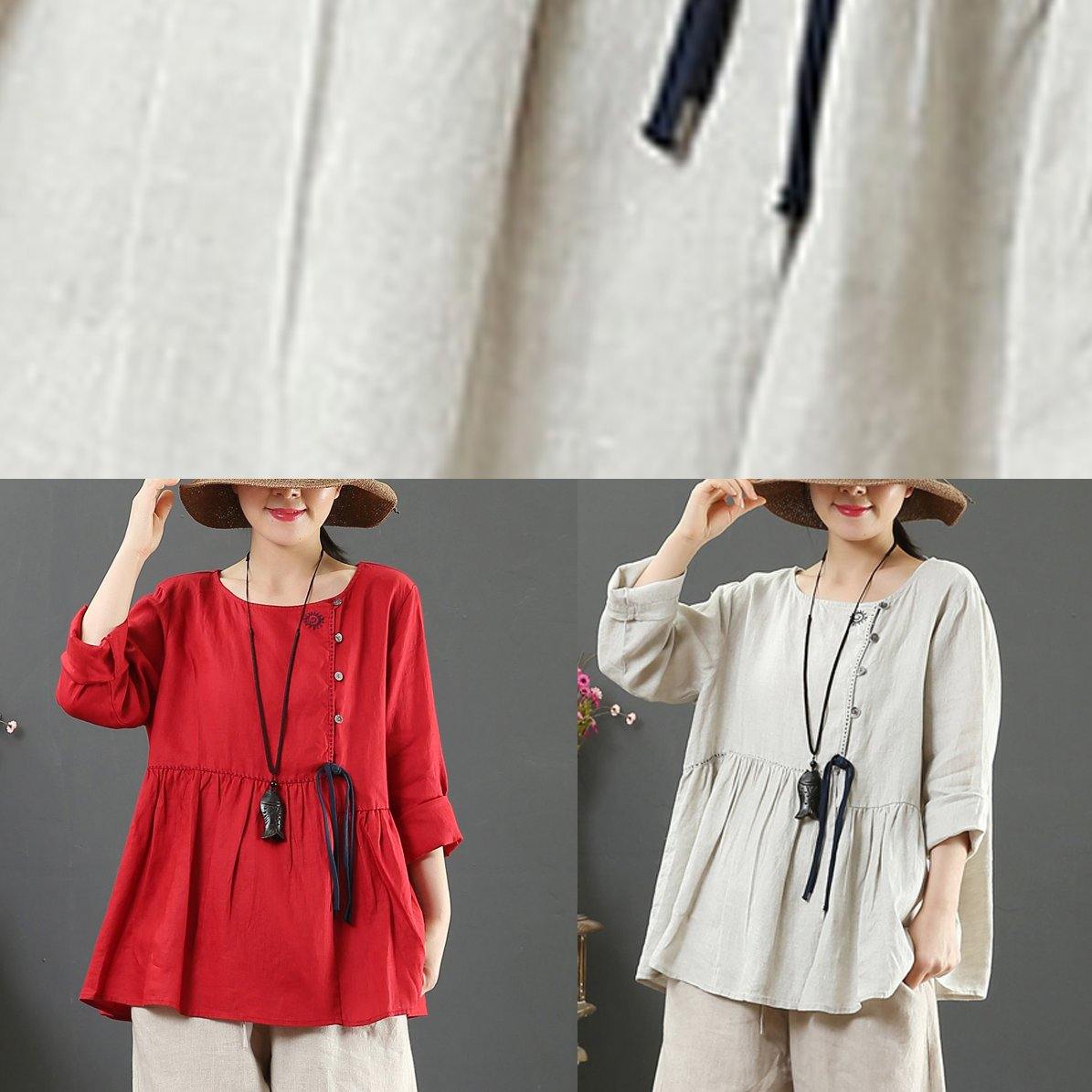 Italian Beige Blouses For Women O Neck Cinched Tunic Spring Blouse - SooLinen