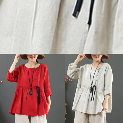 Italian Beige Blouses For Women O Neck Cinched Tunic Spring Blouse - SooLinen