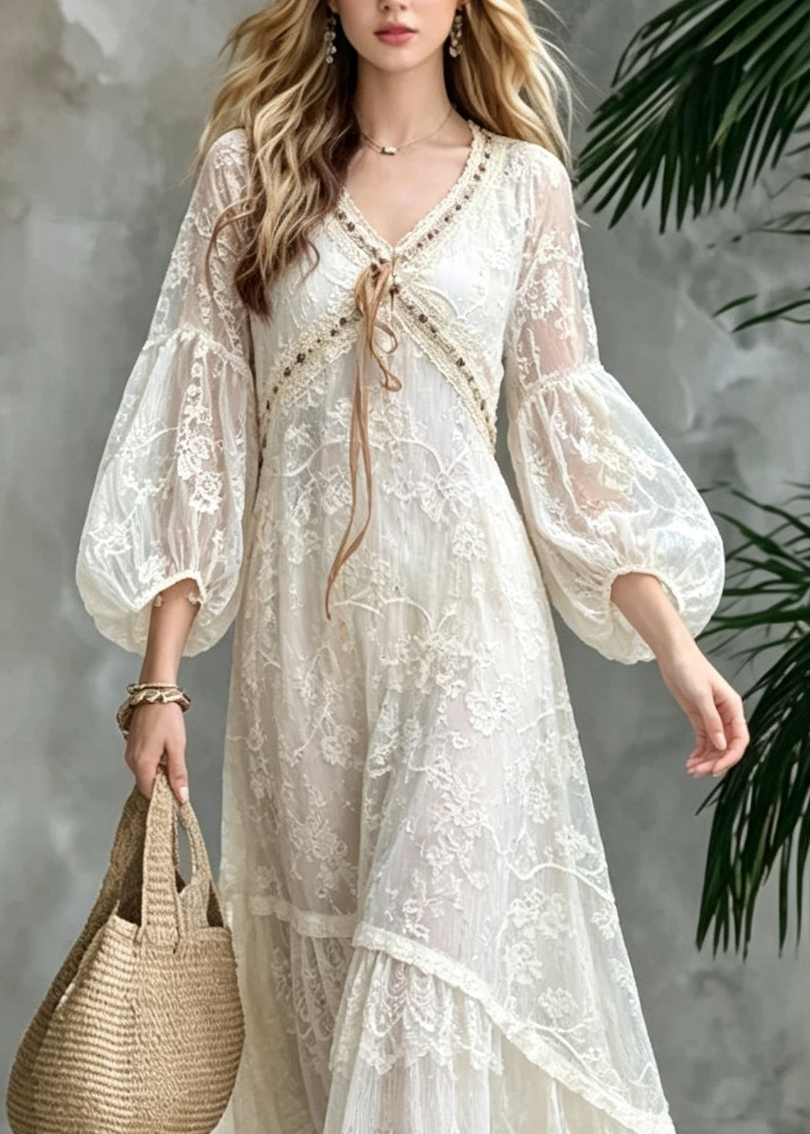 Italian Beige Embroidered Lantern Sleeve Patchwork Lace Vacation Dresses