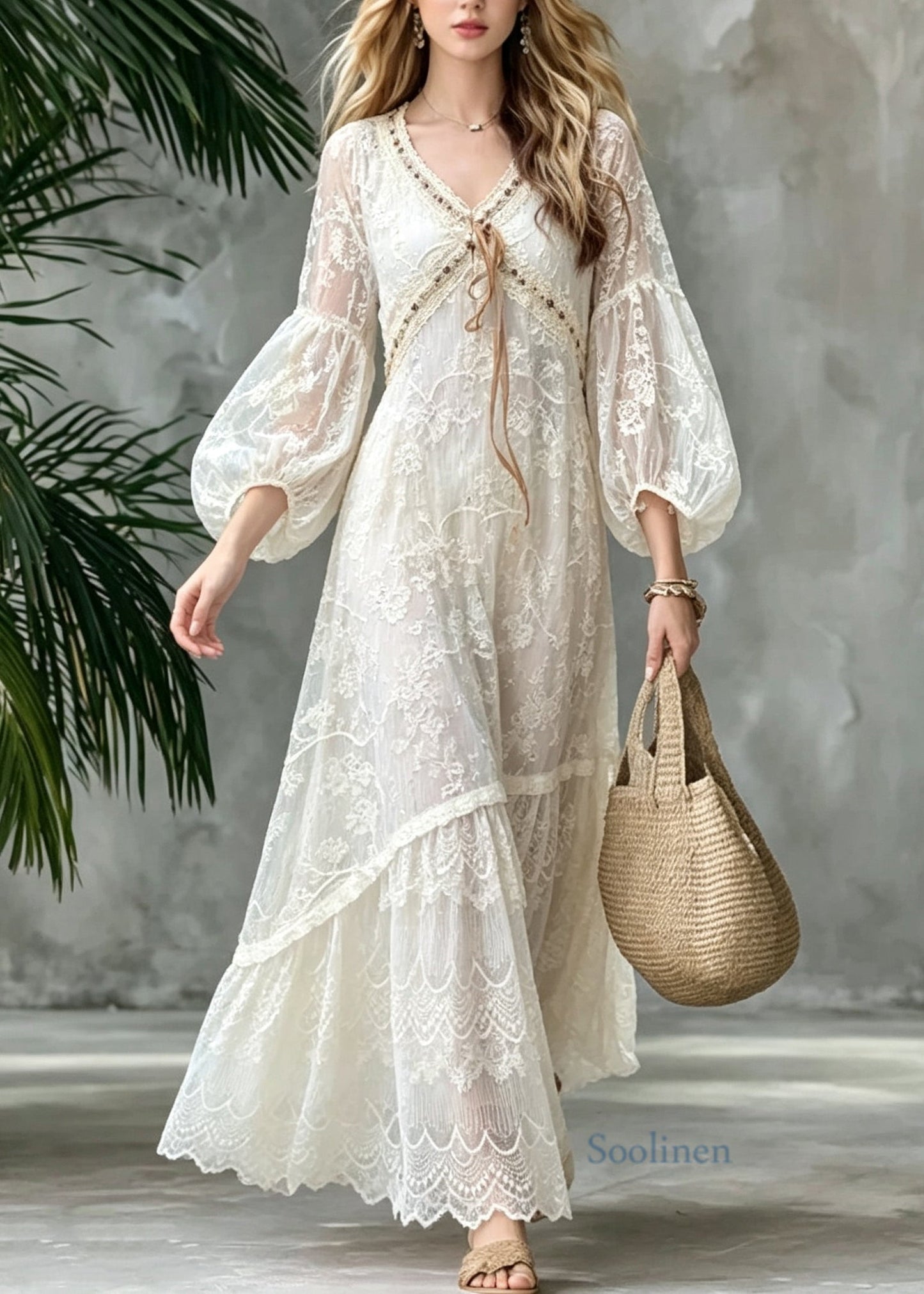 Italian Beige Embroidered Lantern Sleeve Patchwork Lace Vacation Dresses