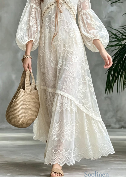 Italian Beige Embroidered Lantern Sleeve Patchwork Lace Vacation Dresses