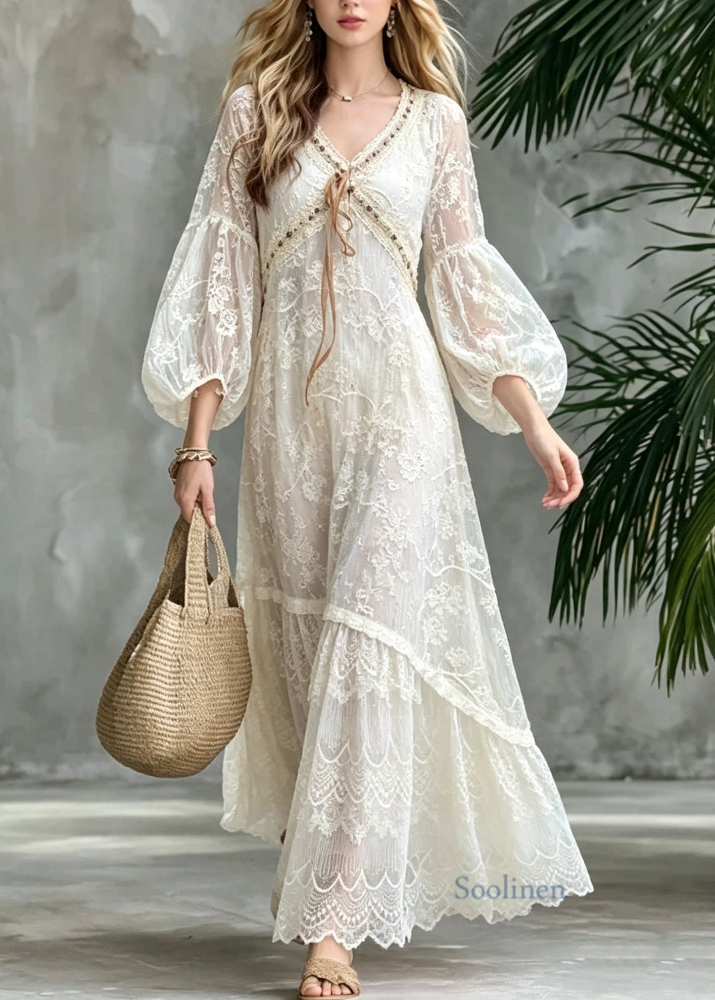 Italian Beige Embroidered Lantern Sleeve Patchwork Lace Vacation Dresses