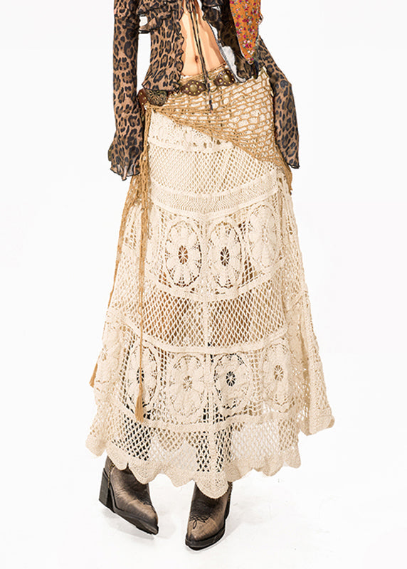 Italian Beige Hollow Out Knit A Line Skirt Summer